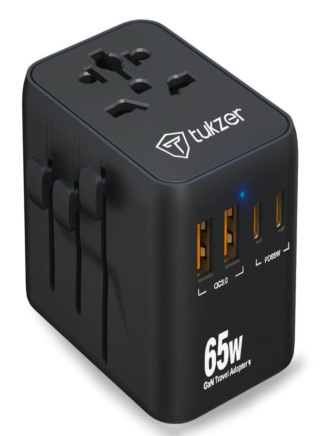 توكزر محول سفر عالمي من توكزر بقوة 65 واط، محول شحن سريع بتقنية GaN مزود بمنفذي Type-C ومنفذ USB واحد، مقبس عالمي، محول سفر دولي شامل لشحن أجهزة الكمبيوتر المحمولة/ماك بوك والهواتف المحمولة - أسود - Image 1